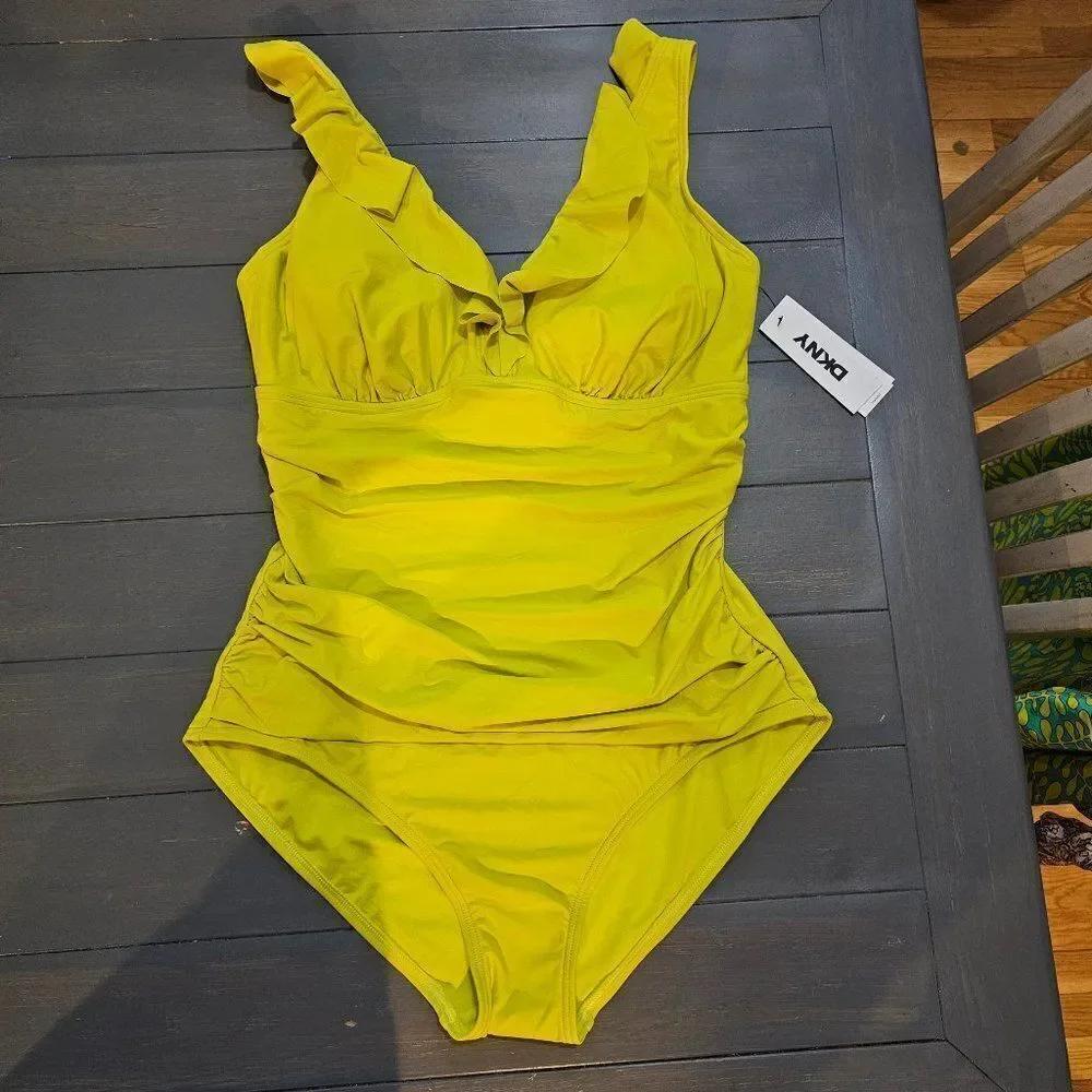 DKNY Women's Bright Yellow Ruffle Detail underwire One-Piece Swimsuit Size Large - Picture 2 of 14